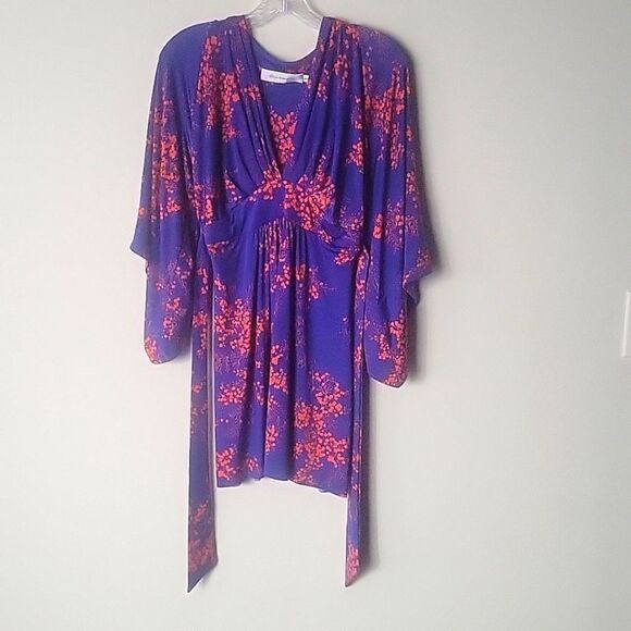 T Bags XS Blue Floral Kimono Mini Stretchy Dress Coquette Waist Tie V Neck Boho - Picture 3 of 13